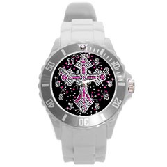 Hot Pink Rhinestone Cross Round Plastic Sport Watch Large