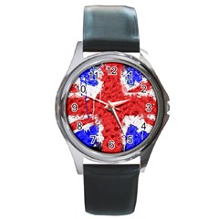 Distressed British Flag Bling Black Leather Watch (round) by artattack4all