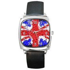 Distressed British Flag Bling Black Leather Watch (square) by artattack4all