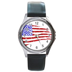 Sparkling American Flag Black Leather Watch (round) by artattack4all