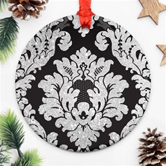 Diamond Bling Glitter On Damask Black Ceramic Ornament (round)