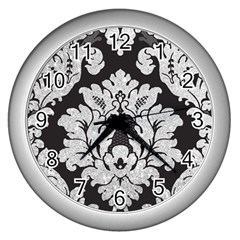 Diamond Bling Glitter On Damask Black Silver Wall Clock by artattack4all