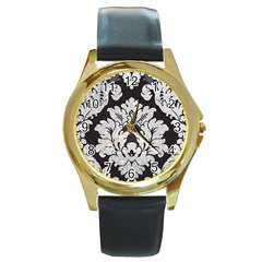 Diamond Bling Glitter On Damask Black Black Leather Gold Rim Watch (round) by artattack4all