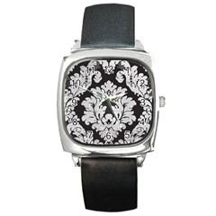 Diamond Bling Glitter On Damask Black Black Leather Watch (square) by artattack4all