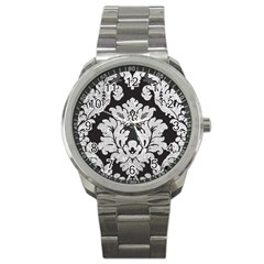 Diamond Bling Glitter On Damask Black Stainless Steel Sports Watch (round) by artattack4all