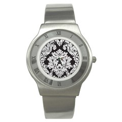 Diamond Bling Glitter On Damask Black Stainless Steel Watch (round) by artattack4all