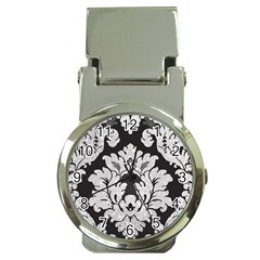 Diamond Bling Glitter On Damask Black Chrome Money Clip With Watch by artattack4all