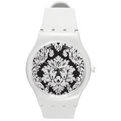 Diamond Bling Glitter On Damask Black Round Plastic Sport Watch Medium by artattack4all