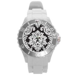 Diamond Bling Glitter On Damask Black Round Plastic Sport Watch Large by artattack4all