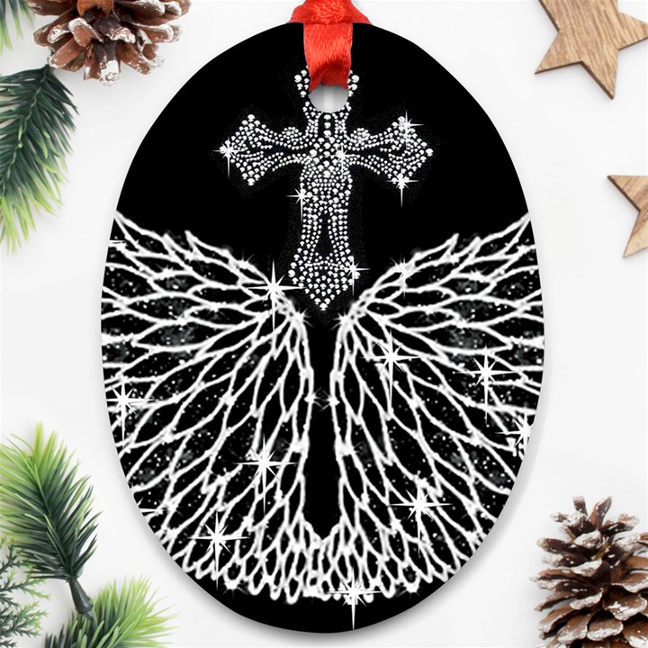 Bling Wings and Cross Oval Ornament (Two Sides)