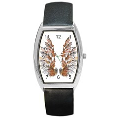 Brown Feather Wing Black Leather Watch (tonneau)