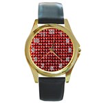 Deep Red Sparkle Bling Black Leather Gold Rim Watch (Round) Front