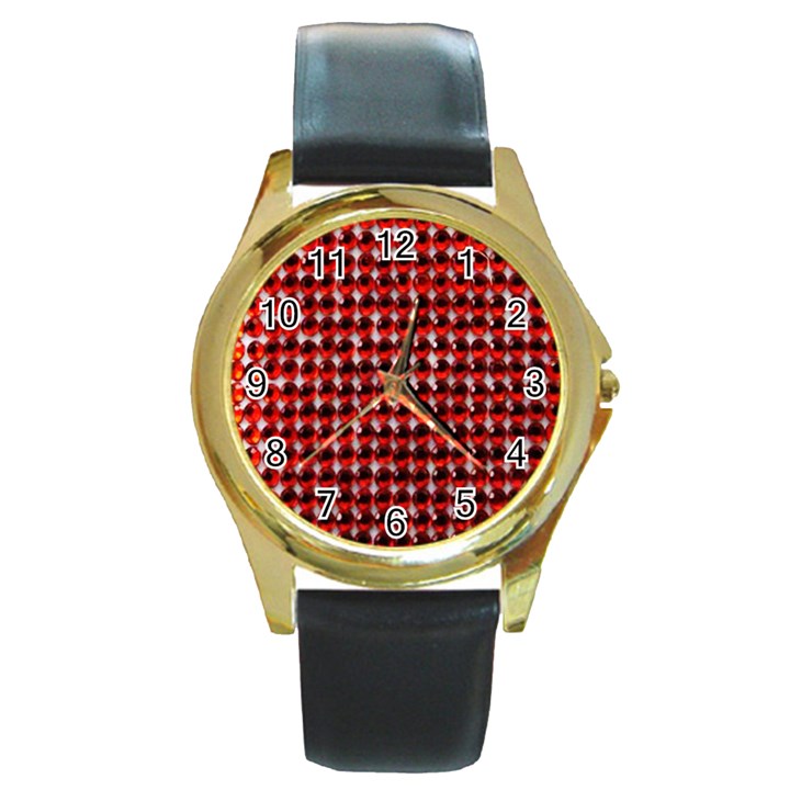 Deep Red Sparkle Bling Black Leather Gold Rim Watch (Round)