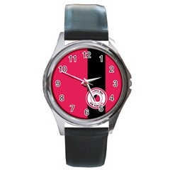 Brand Ribbon Black With Pink Round Metal Watch