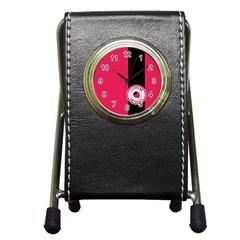 Brand Ribbon Black With Pink Pen Holder Desk Clock