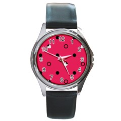 Strawberry Dots Black With Pink Round Metal Watch