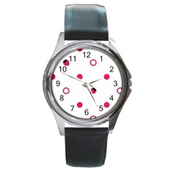 Strawberry Circles Pink Black Leather Watch (round)