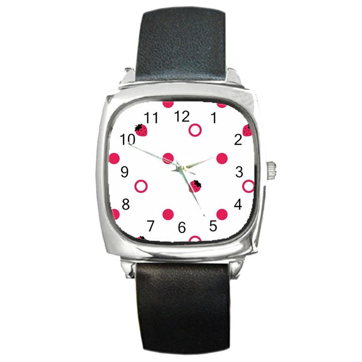 Strawberry Circles Pink Black Leather Watch (Square)