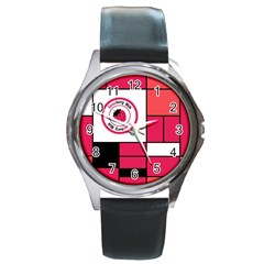 Brand Strawberry Piet Mondrian Pink Black Leather Watch (round)