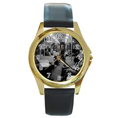 Vintage Uk  England Railway Inside Coach 1970 Black Leather Gold Rim Watch (round) by Vintagephotos