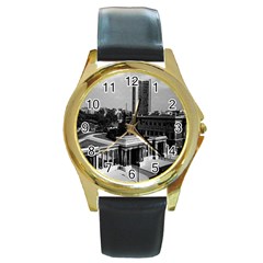 Vintage Uk England London Hyde Park Corner Hilton 1970 Black Leather Gold Rim Watch (round)