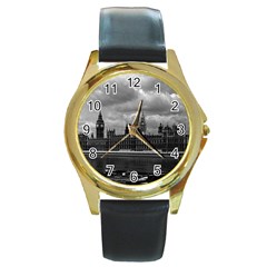 Vintage  Uk England London The Houses Of Parliament 1970 Black Leather Gold Rim Watch (round) by Vintagephotos