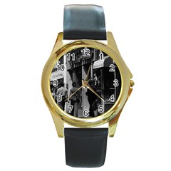 Vintage Uk England London Shops Carnaby Street 1970 Black Leather Gold Rim Watch (round)