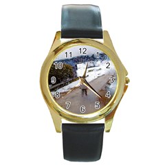 Rainy Day, Salzburg Black Leather Gold Rim Watch (round) by artposters