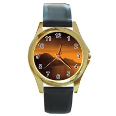 Waterscape, Switzerland Black Leather Gold Rim Watch (Round)