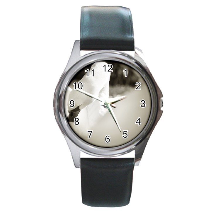 swan Black Leather Watch (Round)