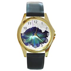 Exotic Hybiscus   Black Leather Gold Rim Watch (round) by dawnsebaughinc