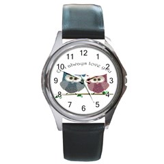 Owl Always Love You, Cute Owls Black Leather Watch (round) by DigitalArtDesgins