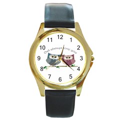 Owl Always Love You, Cute Owls Black Leather Gold Rim Watch (round) by DigitalArtDesgins