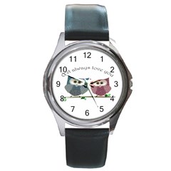 Owl Always Love You, Cute Owls Black Leather Watch (round) by DigitalArtDesgins