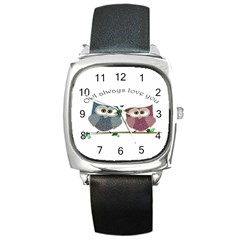 Owl Always Love You, Cute Owls Black Leather Watch (square) by DigitalArtDesgins