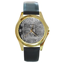 Black And White Forest Black Leather Gold Rim Watch (round) by Elanga