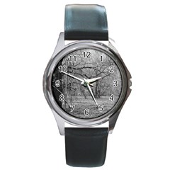 Black And White Forest Black Leather Watch (round) by Elanga