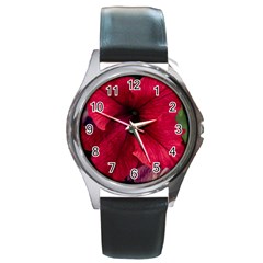 Red Peonies Black Leather Watch (round) by Elanga