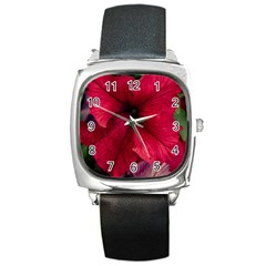 Red Peonies Black Leather Watch (square) by Elanga