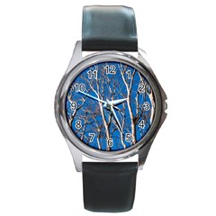 Trees On Blue Sky Black Leather Watch (round)