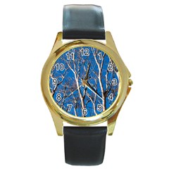 Trees On Blue Sky Black Leather Gold Rim Watch (round) by Elanga