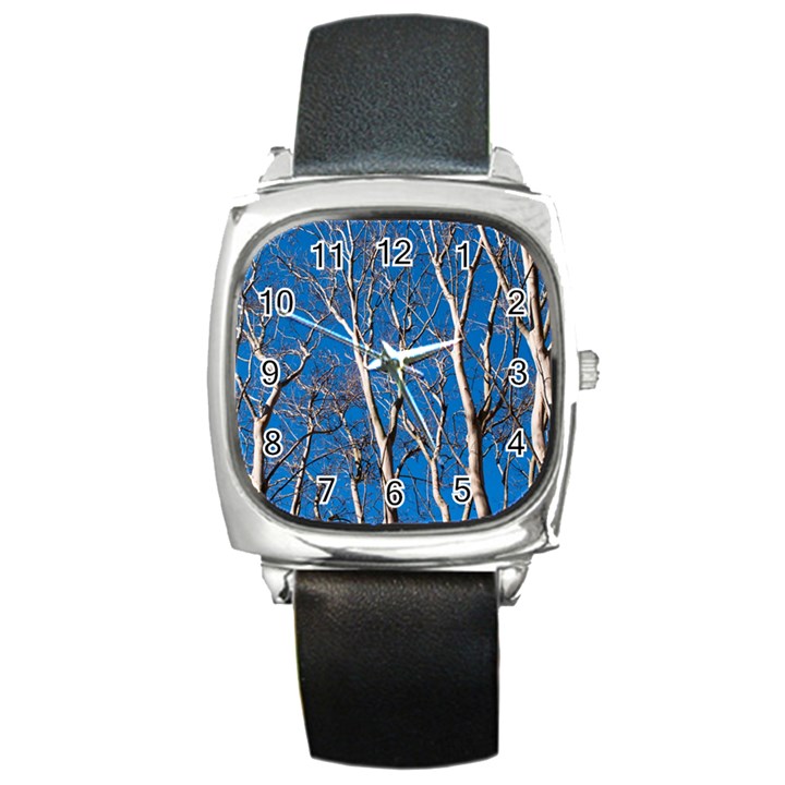 Trees on Blue Sky Black Leather Watch (Square)