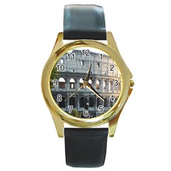 Roman Colisseum 2 Black Leather Gold Rim Watch (round)