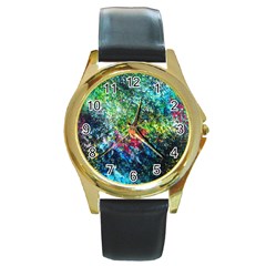 Raw Truth By Mystikka  Black Leather Gold Rim Watch (round) by mjade