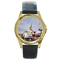 Wedding Car Black Leather Gold Rim Watch (round) by Unique1Stop