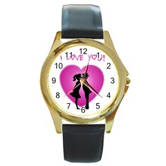 I Love You Kiss Black Leather Gold Rim Watch (round) by anasuya