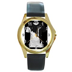 Milky Black Leather Gold Rim Watch (round) by SweetCat