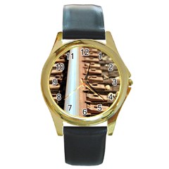 Train Track Round Metal Watch (gold Rim)  by hlehnerer