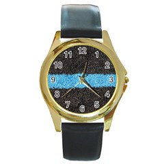 Black Blue Lawn Round Metal Watch (gold Rim)  by hlehnerer