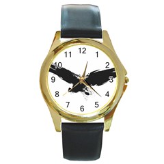 Grunge Bird Round Metal Watch (gold Rim)  by magann